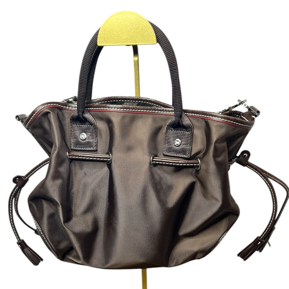 LANCEL PARIS 1876 handbag, nylon leather trim brown with shoulder strap - Picture 1 of 17